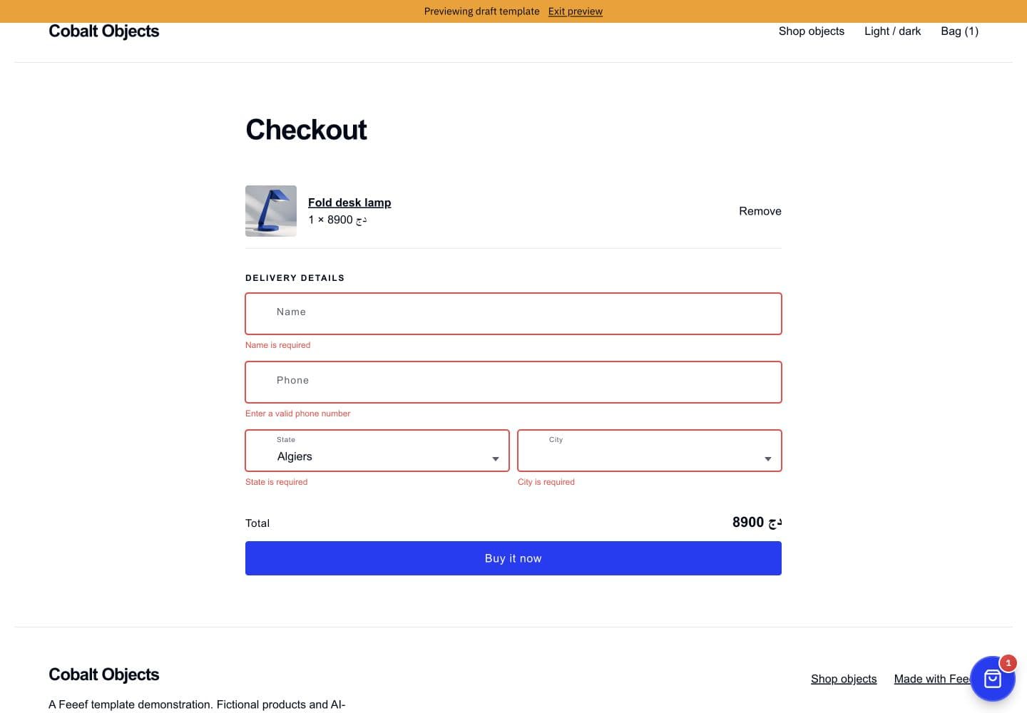 Hosted checkout with required-field errors and state selection