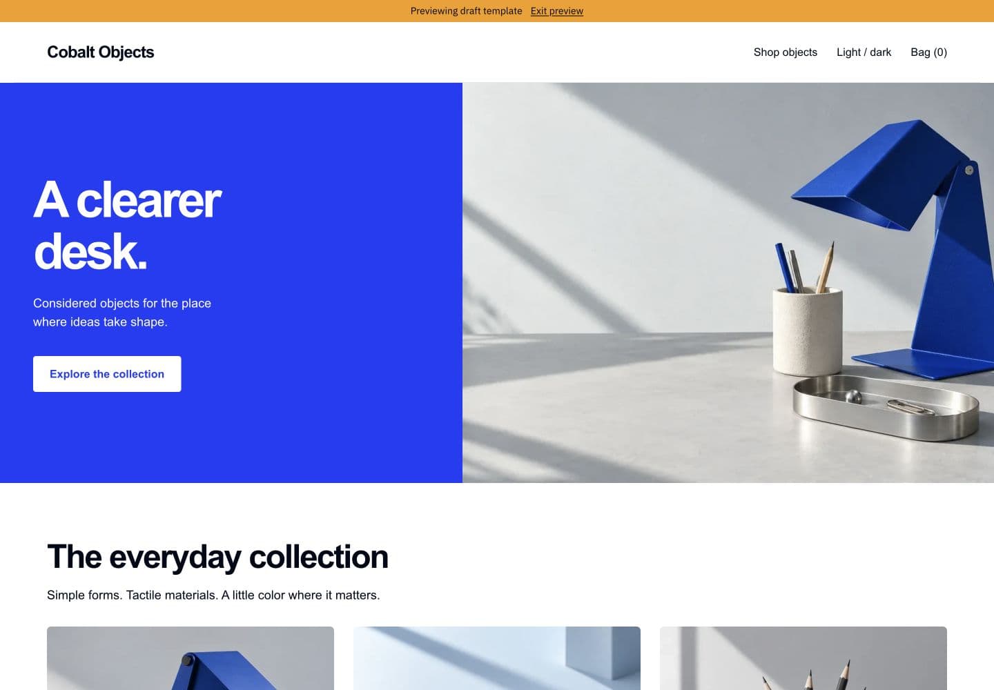 Cobalt's real hosted desktop draft preview with blue hero and product collection