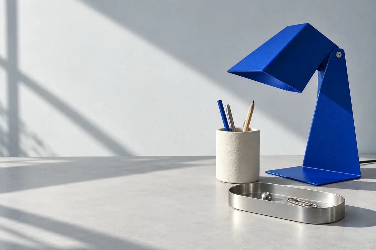 A cobalt blue desk lamp, ceramic pencil cup, and aluminum tray from the Cobalt demo catalog