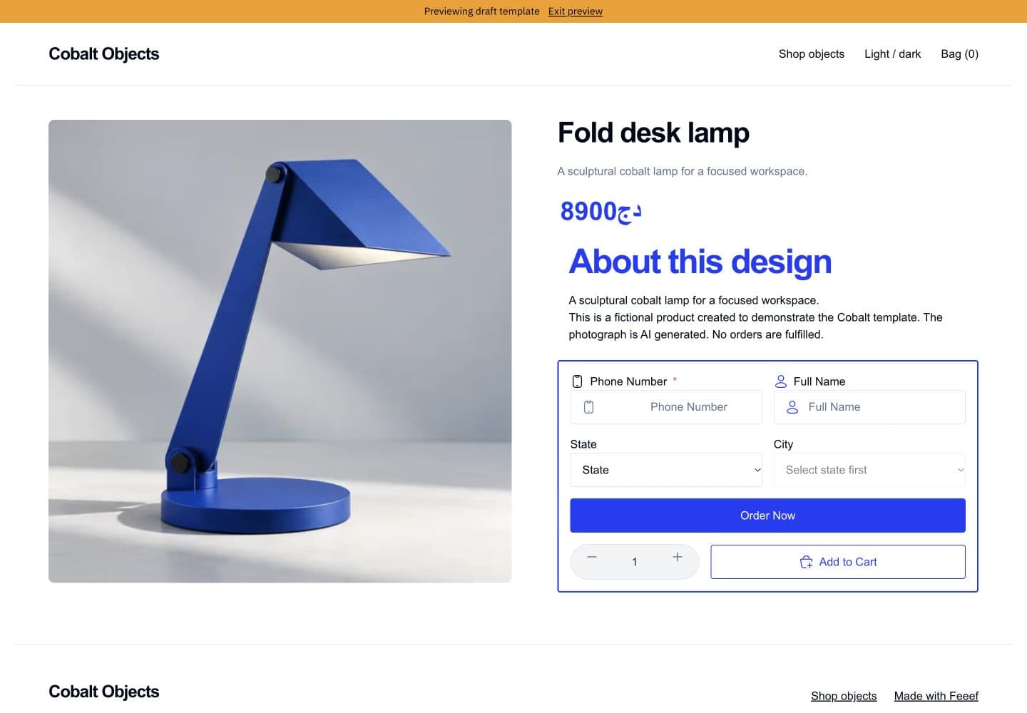 Hosted Cobalt product page showing the lamp, product details, and native purchase form