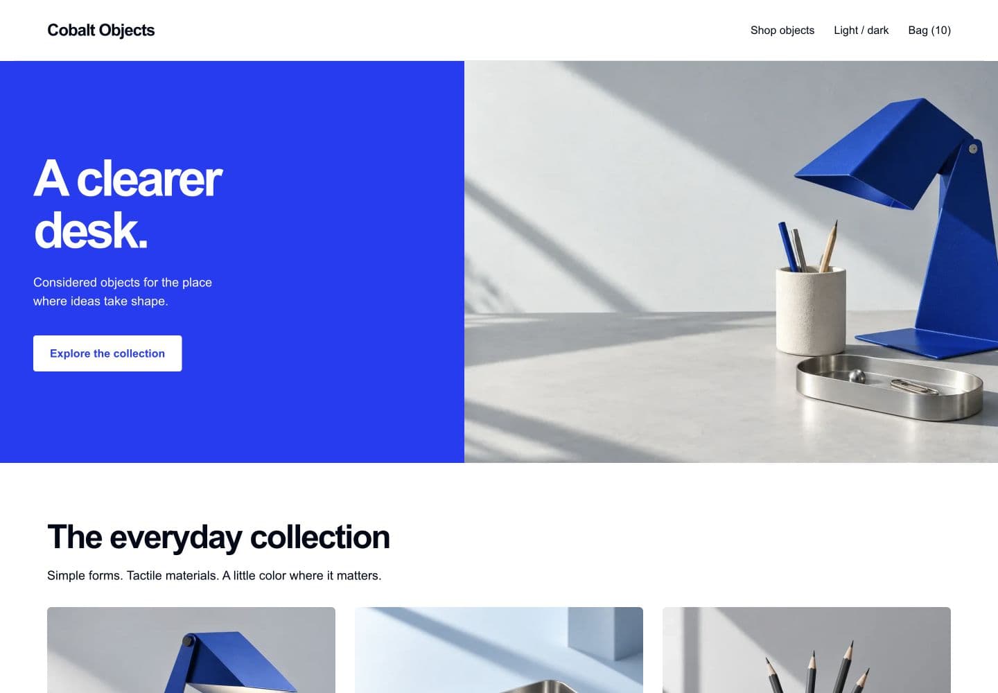 Published Cobalt storefront with blue hero and actual product collection