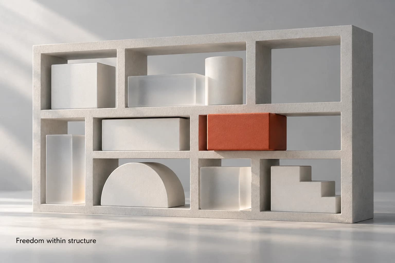 An architectural frame filled with independent geometric pieces, with the title Freedom within structure.