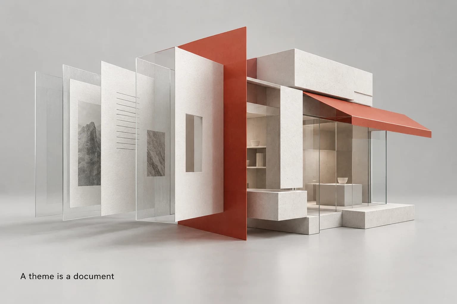 Translucent document pages becoming an architectural storefront, with the title A theme is a document.