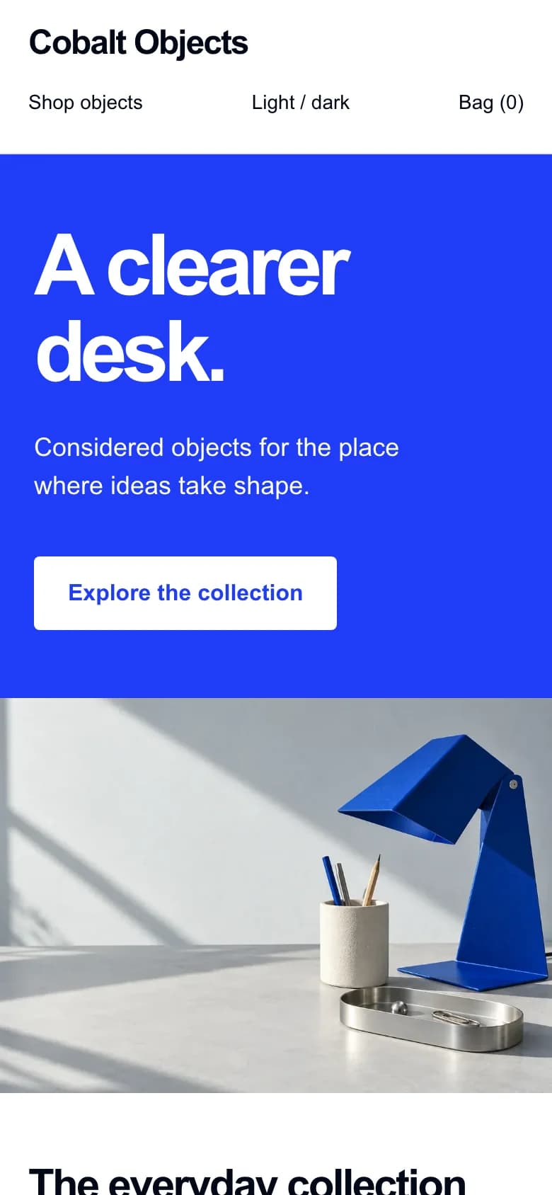 Mobile view of the Cobalt demo storefront, showing its navigation, blue headline, and product photography