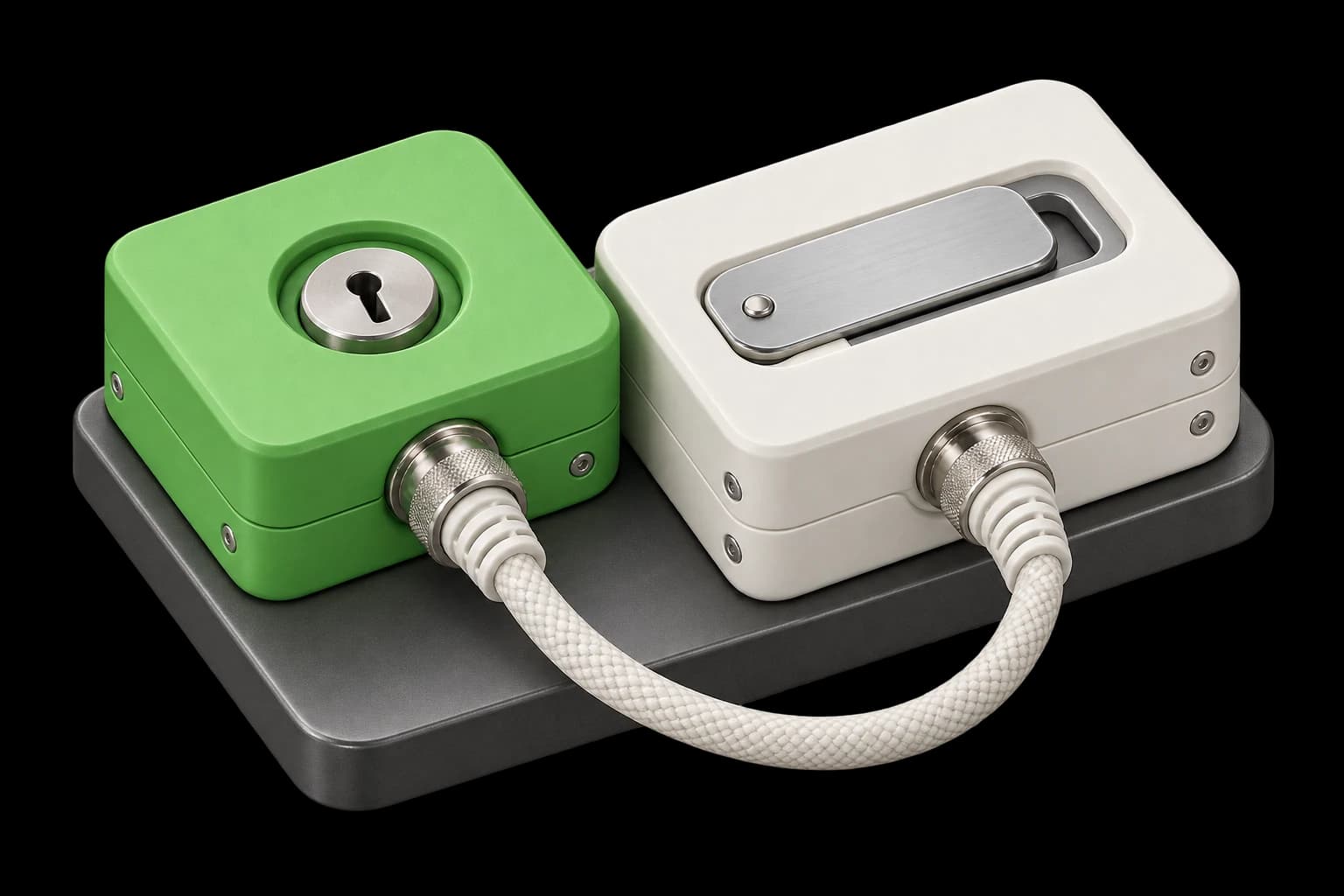 Orthographic rendering of a mechanical app connection with locking plugs, a keyhole, and an access gate
