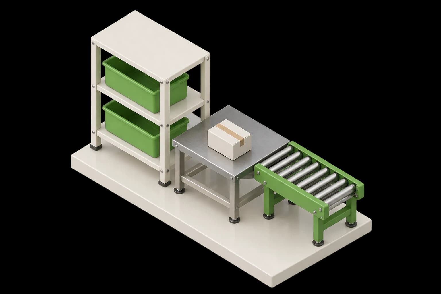 Orthographic Cycles-style studio rendering of a stock shelf, packing bench, shipping carton, and roller conveyor