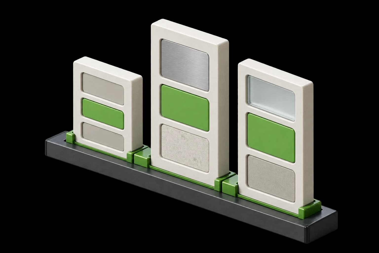 Orthographic studio render of structured porcelain panels with green editable inserts and a mechanically joined base