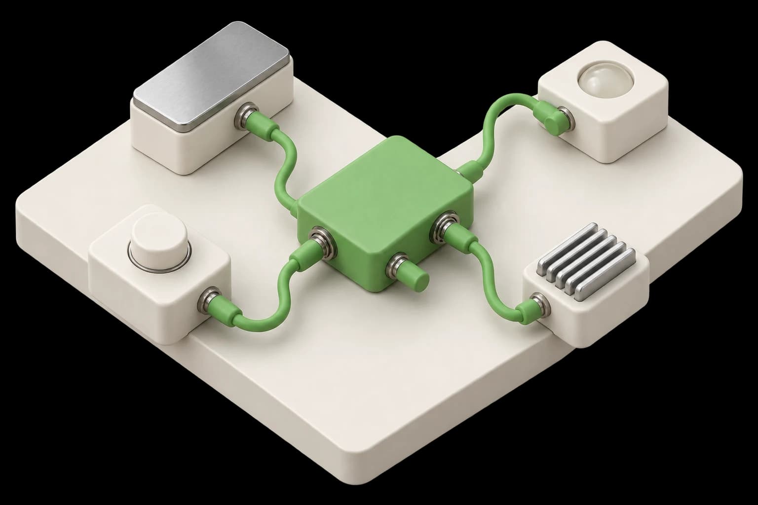 Orthographic rendering of a green tool hub with physically connected porcelain modules